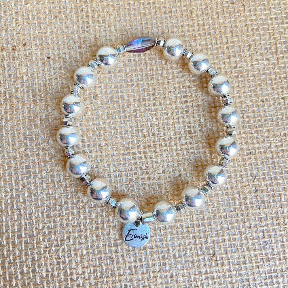 Erimish signed stretch bracelet silvertone metal ball beads and purple crystAL